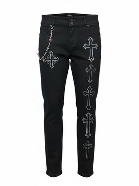 🆕 Hot Topic - Black Denim - Gothic Cross Accents - Silver Cross Chain - NWT